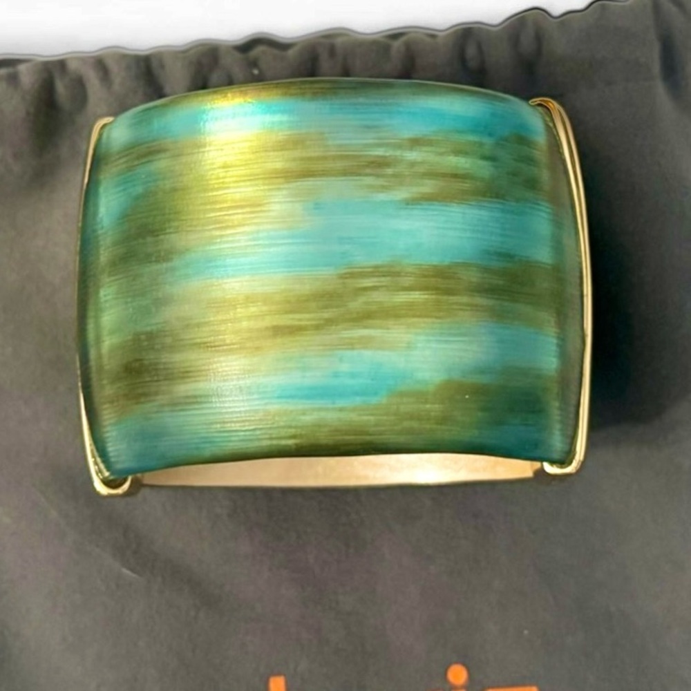 Alexis Bittar Teal Lucite and 14k Gold Plated Hinged Cuff Bracelet and Dustbag - Picture 5 of 13